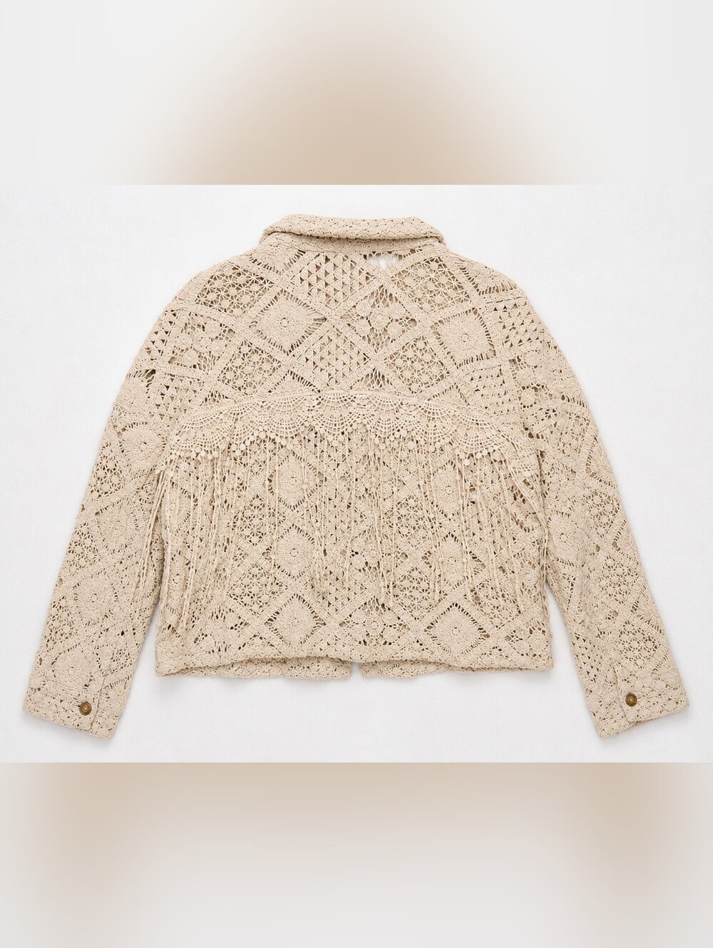 MISS ME CROCHET LACE FRINGE BOHO WESTERN FESTIVAL CREAM SHACKET CARDIGAN LARGE - Picture 3 of 16